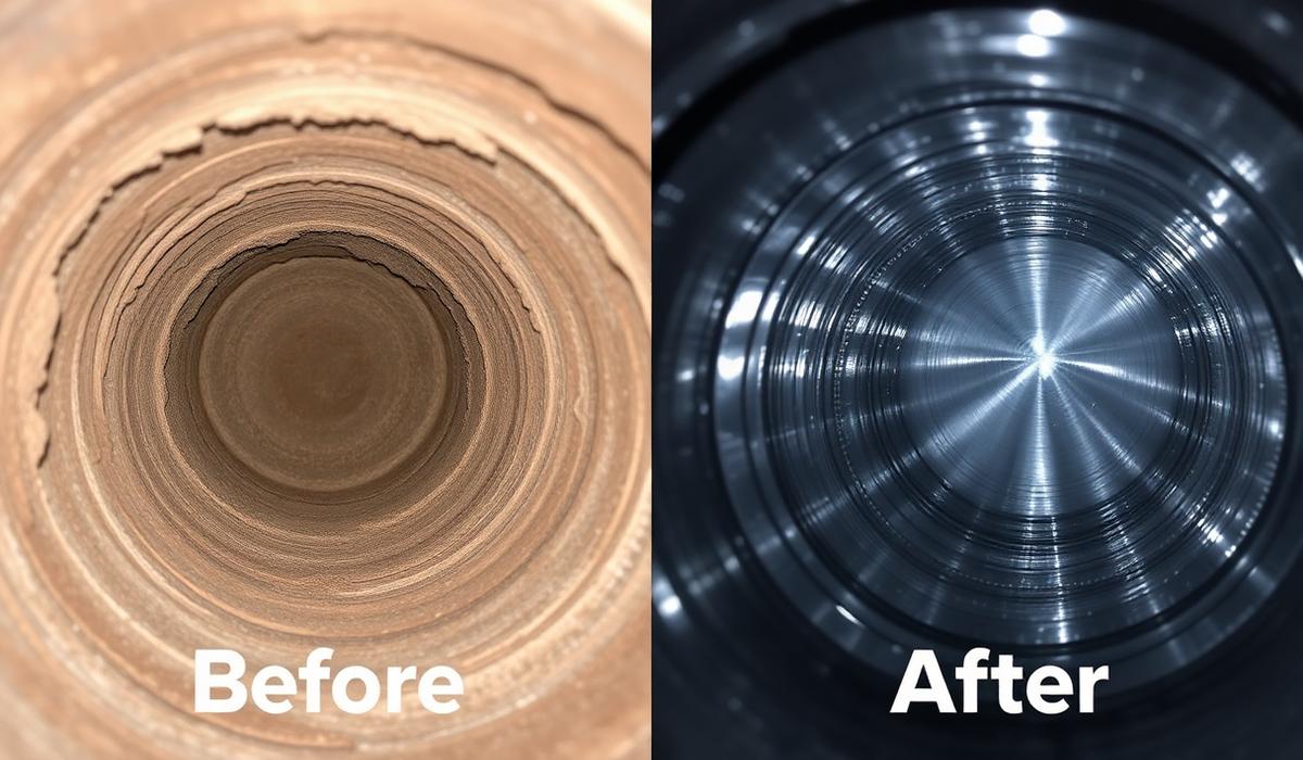 Before and after view of an air duct interior cleaned in a Ballantyne home