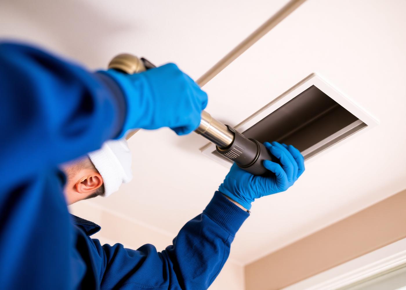 Ballantyne air duct cleaning technician servicing a ceiling supply vent